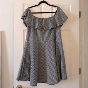 Boohoo gingham print off the shoulder skater dress